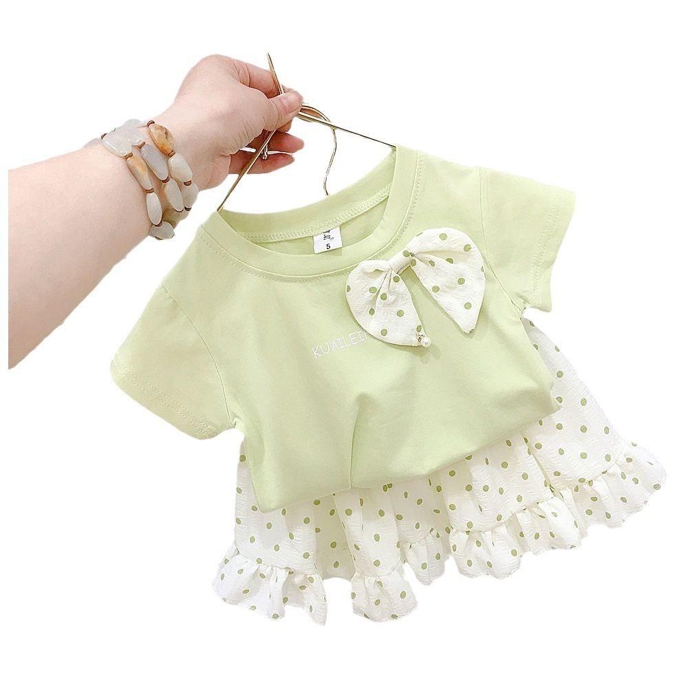 Girls Cotton Summer Short Sleeve T Shirt with Polka Dot Skirt Set