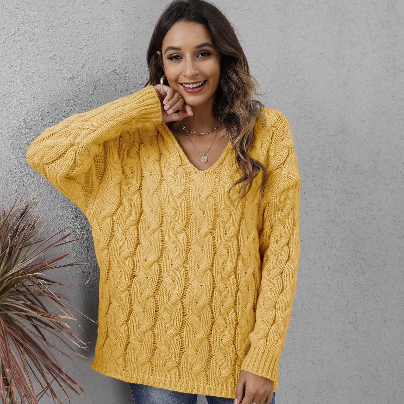 Women's Top, Thickened, Fried Dough Twists Knitting, V-neck Design, Hooded Loose Sweater, Pullover Sweater, Winter Jacket