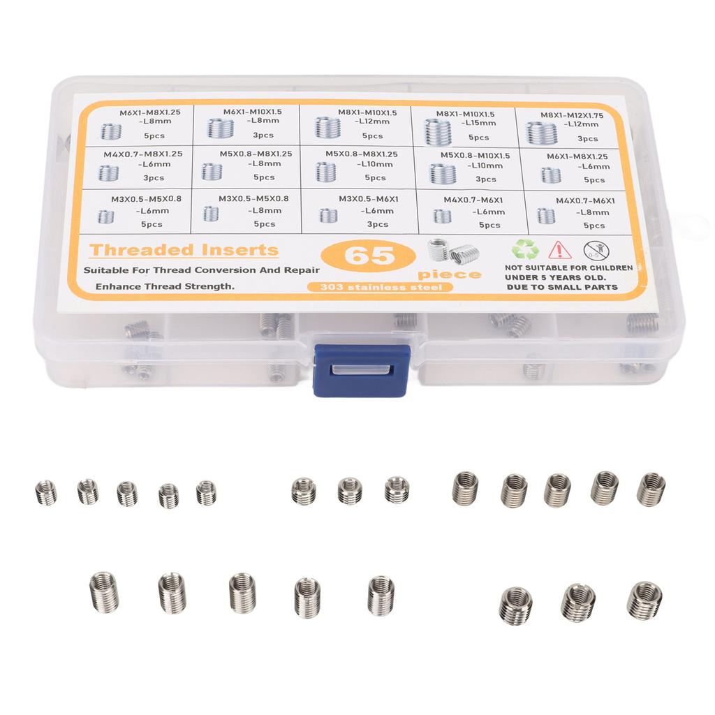 65PCS Threaded Insert Assortment Kit 303 Stainless Steel Thread Repair Sleeves Reducing Nuts
