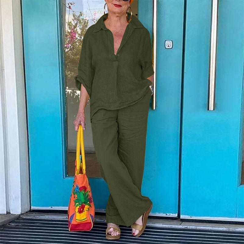 

Комплект сорочки з рукавом 3/4 та широких штанів на весну/літо 2024 Large темно-зелений колір