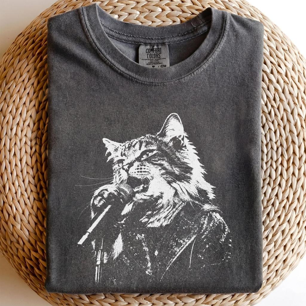 Rock and Roll Cat Shirt and kids tshirt, Singing Kitty Tee, Music Lover Gift, Distressed Graphic T-Shirt and kids tshirt
