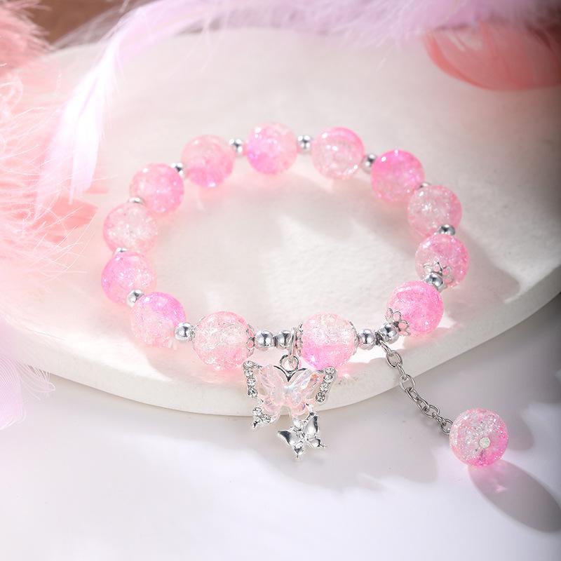 Butterfly Bohemian Sweet Beaded Bracelet for Women Girls Pink Color Imitation Jade Crystal Hand Jewelry Birthday Party Gifts