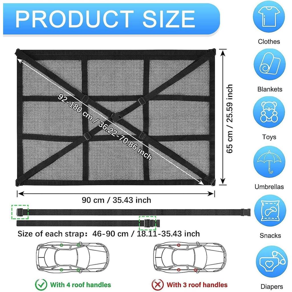 Car ceiling cargo net multifunctional hanging storage organizer with large capacity for convenient storage of car ceiling net