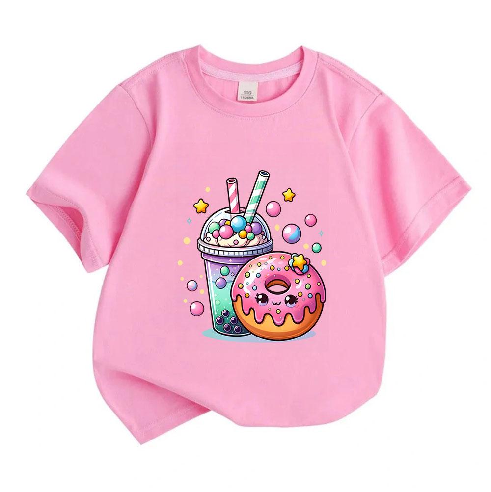 Kids Boys Girls Crew Neck Short Sleeve 100% Cotton T-Shirt, Cute Cartoon Bubble Tea Donut Graphic Casual Lightweight Summer Tee for Children Daily Wea