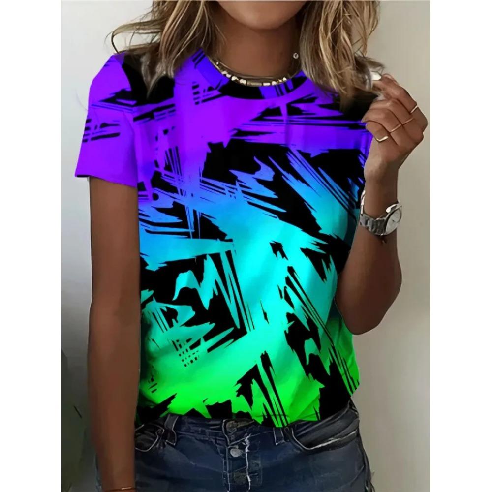 Women s Neon Gradient Brush Print T-shirt Breathable Polyester Short Sleeve Streetwear Tops S