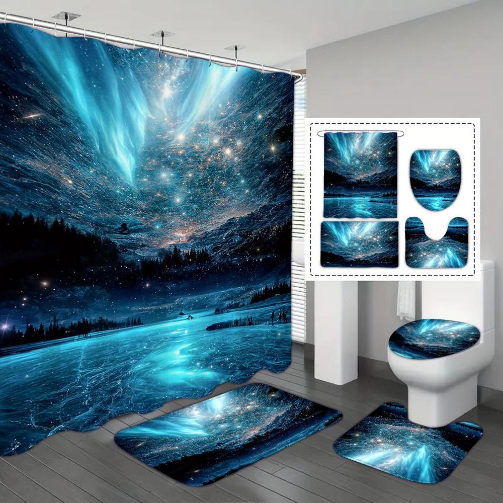 4-Piece Set Of Star River Moon Pattern Waterproof Shower Curtain With 12 Hooks,Printed Curtain, Bathroom Floor Mat