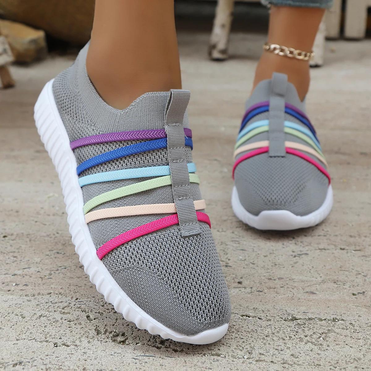 

Colorful Strap Breathable Knitted Flats Women 2025 Summer Hollow Out Soft Bottom Mesh Slip On Casual Shoes Woman Plus Size 43 серый