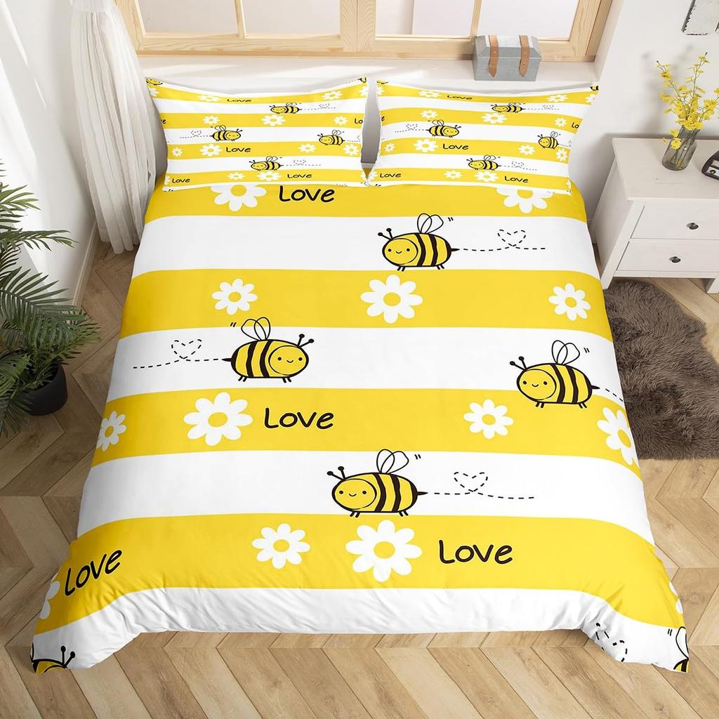 Cute Cartoon Bee Duvet Cover Honeycomb Bedding Set for Kids Boys Girls Honeycomb Hexagon Comforter Cover Wild Animal Quilt Cover