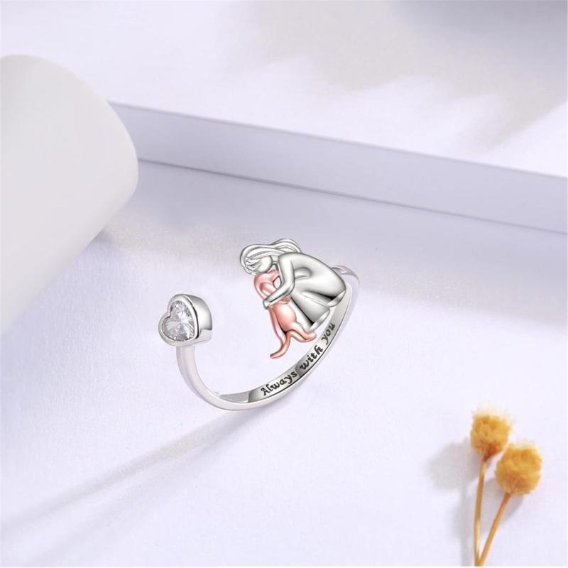 Electroplated Adjustable Heart Rings With Girl and Dog Charm Sturdy Designs for Animal Lovers and Fashion Enthusiasts