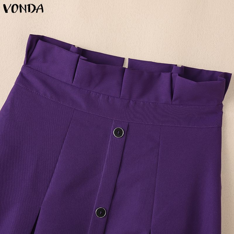 VONDA Women Zip-up Ruffled High Waist Casual Thin A-line Maxi Pleated Skirts