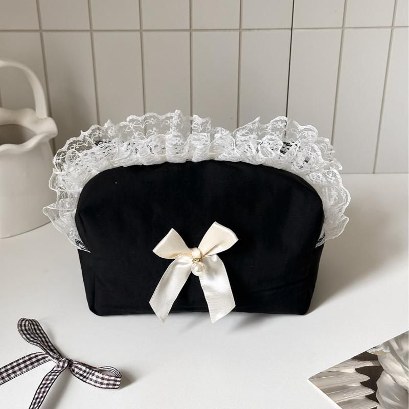 Korean Black Lace Bow Makeup Bag Large Capacity Cosmetic Organizer Cute Travel Toiletry Pouch