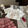 2025 Korean Style Cartoon Print T-shirt & Gingham Skirt Set for Girls - Summer Trendy Two-Piece Children's Clothing