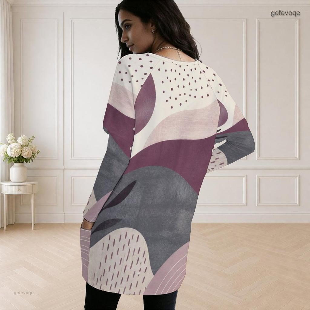 Women Plus Size Round Neck Long Sleeve Abstract Printed Loose Longline Top With Pockets