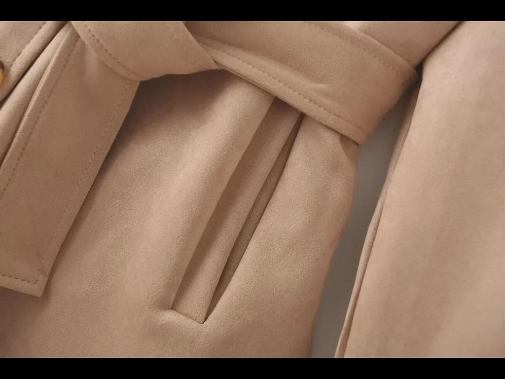 Women's Suede Lapel Jacket & Elastic Waist Straight Pants Set