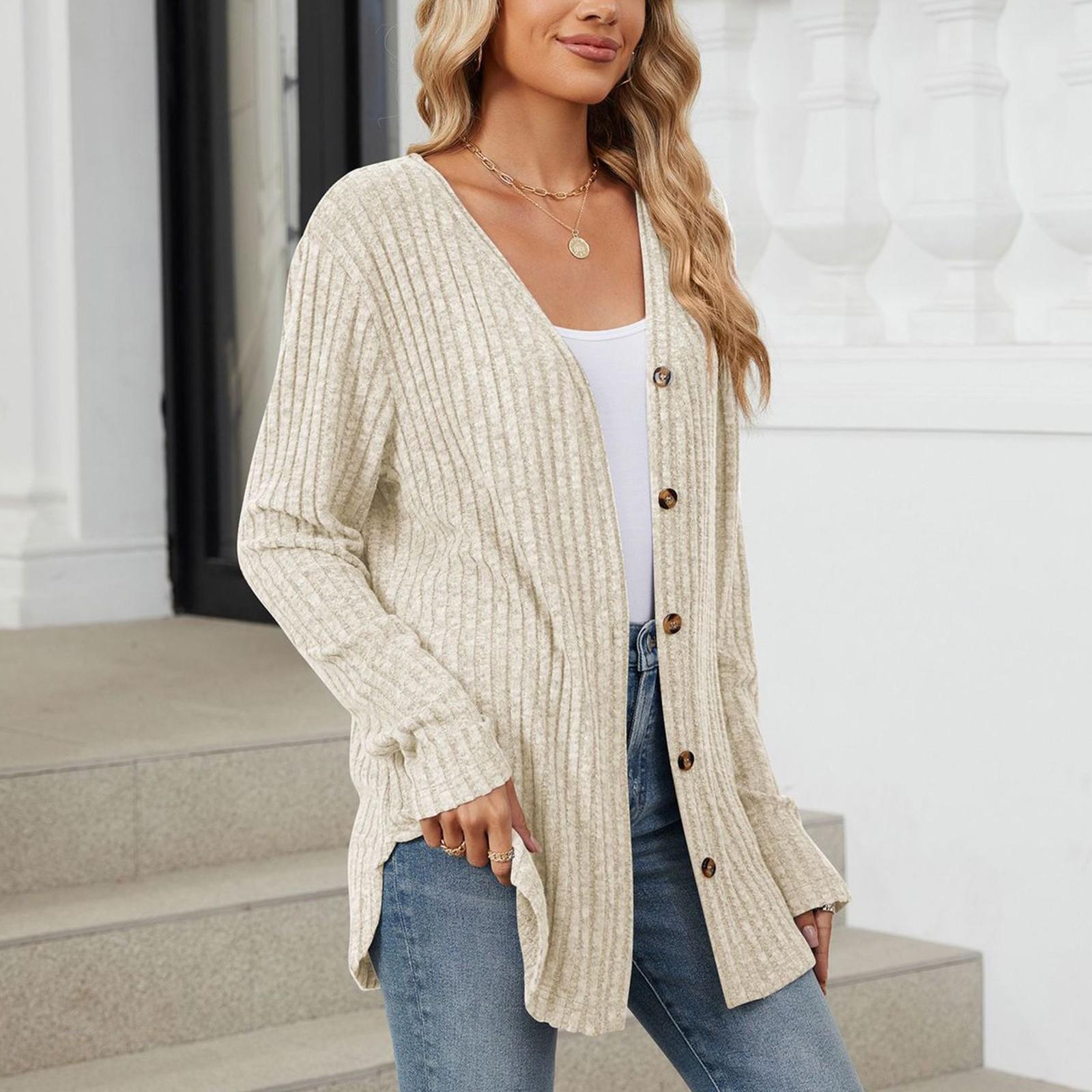 Женская модная повседневная однотонная куртка-кардиган на пуговицах с длинными рукавами — фото 4