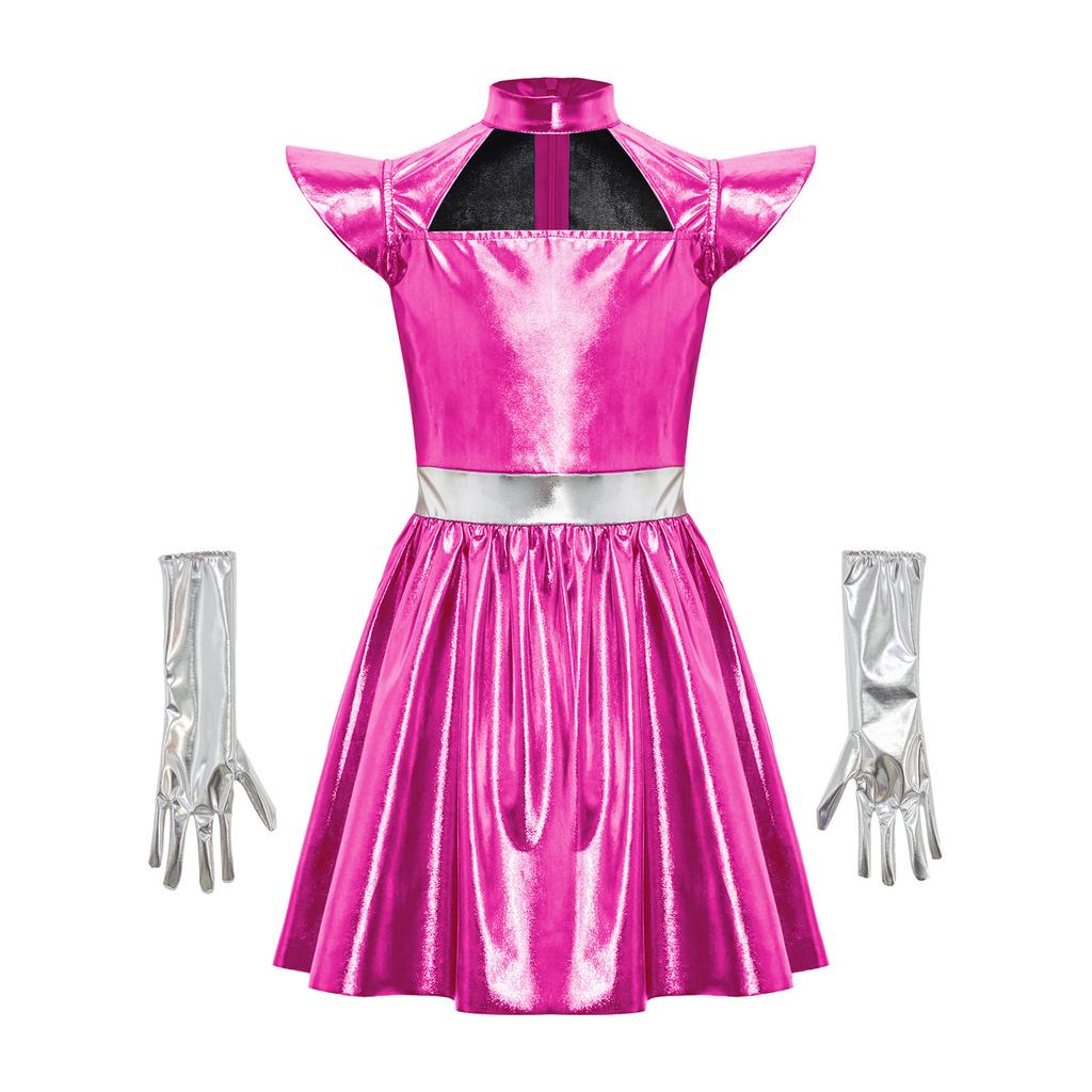 Girls Alien Cosplay Dress Metallic Hollow Out Flying Sleeve Back Zipper Ruffled Dress Gloves Robot Outfit