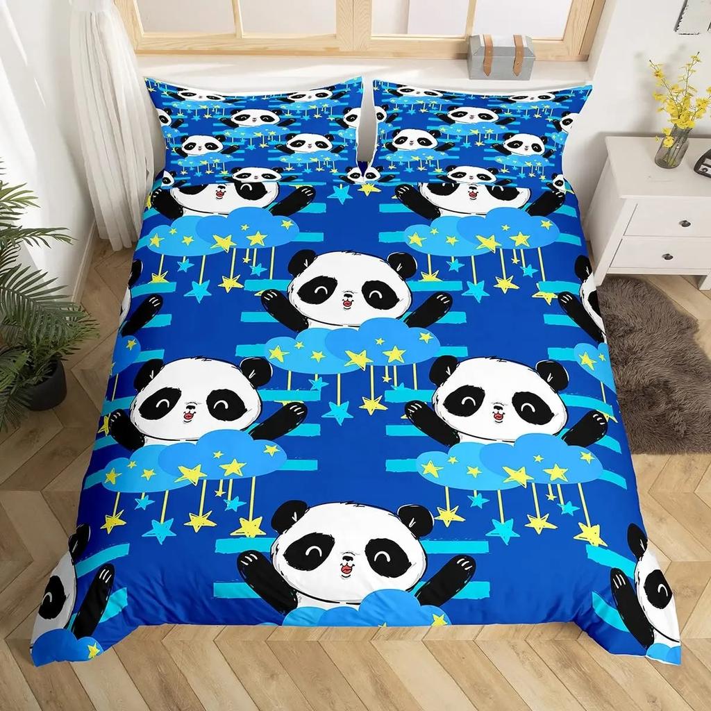 Panda Duvet Cover Set King Size Black And White Animal Comforter Cover With Pillowcases Starry Sky Blue Ultra Soft Quilt Cover