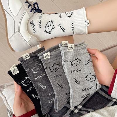 Autumn New Socks Women Cute Cartoon Cat Printed Middle Tube Socks Cotton Knitted School Girls Japanese Kawaii Long Socks