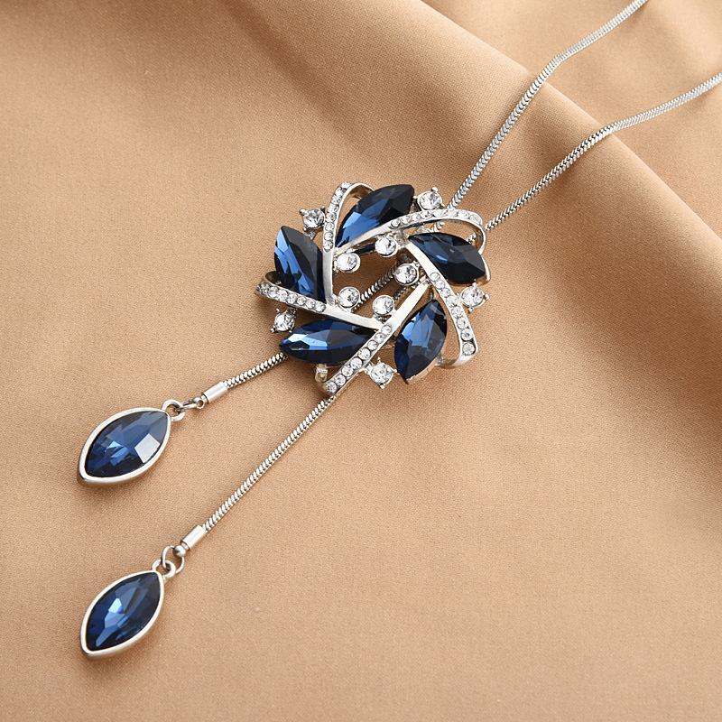 

Elegant Adjustable Long Chain Necklace With Floral Design And Crystal Accents For Men And Women Deep Blue