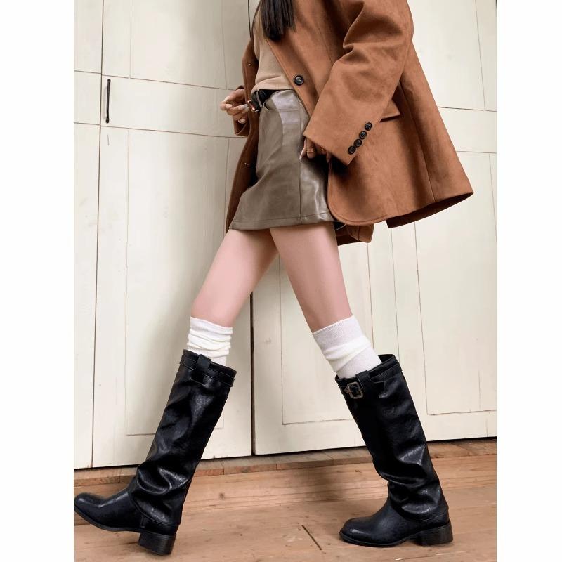Version cuir de vache~ 2025 nouvelles bottes hautes fines d'automne et d'hiver à talon épais pour femmes, bottes de chevalier à boucle de ceinture, bottes western