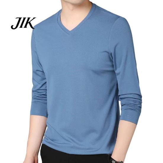 Spring Top Men Fall V Neck Long Sleeves Pure Color Autumn Clothes Slim Fit Thin Pullover T-shirt Daily Wear Sport Homewear