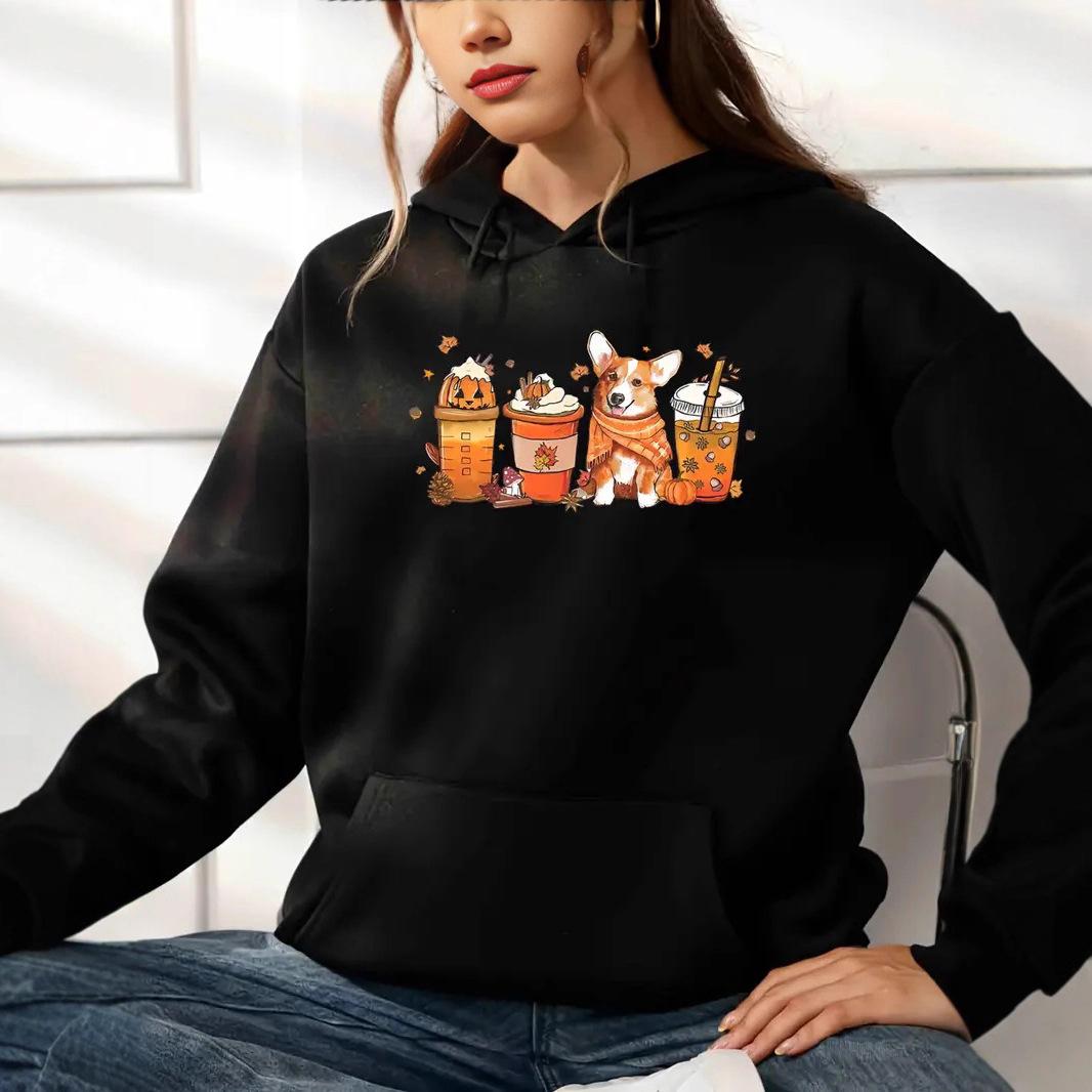 

Женский весенне-осенний повседневный худи с капюшоном, длинным рукавом и большим карманом, с принтом тыквы на Хэллоуин, напитка и собаки, пуловер, толстовка, топ S