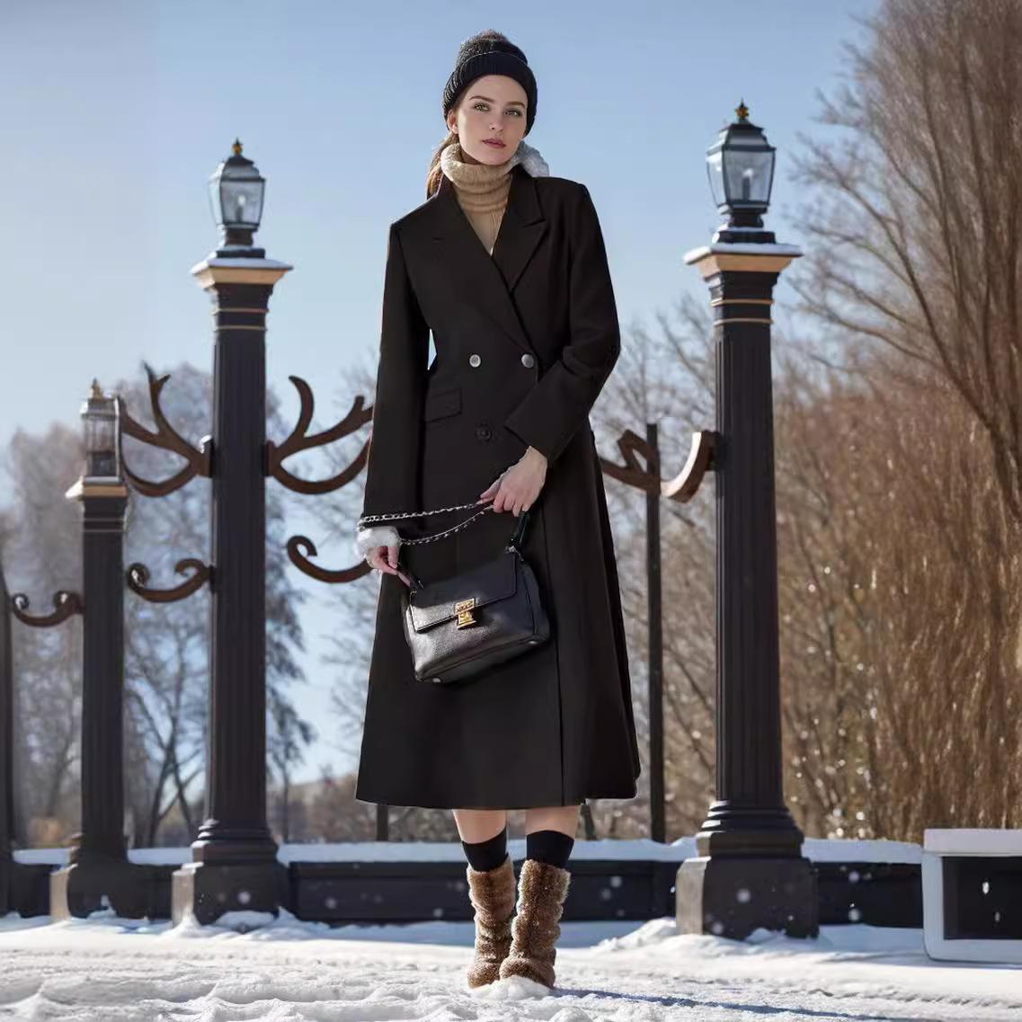 

2024 European and American New Woolen Coat Women s Knee Over Thickened Large Collar Extra Long Slim Fit Coat S серый