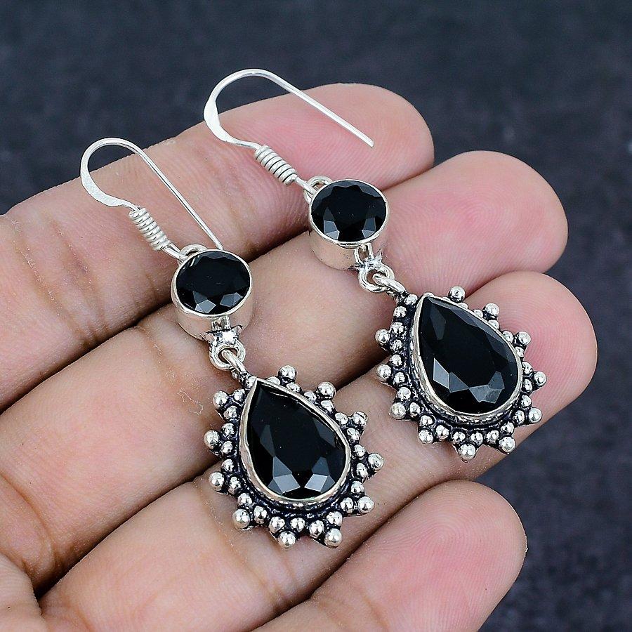 Natural Black Spinel Gemstone Handmade 925 Sterling Silver Earring 2.05" ETC-12821