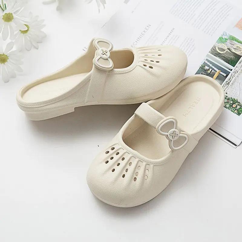 Fashion Sandals Hollow With Bow Shoes for Women Waterproof Shoe 2025 Trend Korea Style Slides Small Size Designer Luxury Woman Slippers