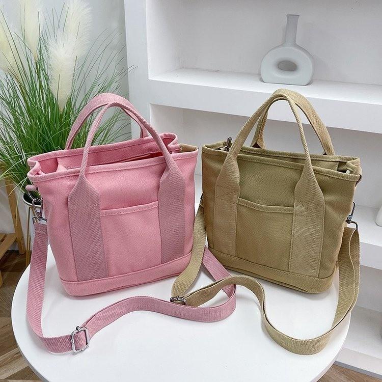 Japanese Style Canvas Tote Bag for Women, Multi-Layer Handheld Purse, Large Capacity Casual Bucket Handbag for Daily Commute KTB