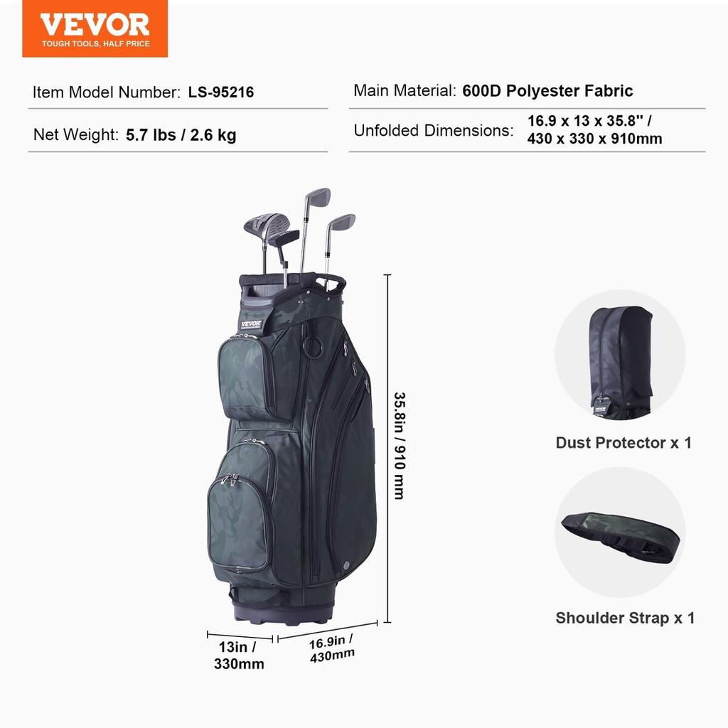 36” Golf Cart Bag 14 Way Organizer Divider Top Multiple Pockets Army Green