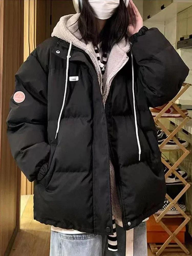 

Women Korean Thicken Puffer Jacket Hooded Spliced Lamb Wool Cotton Padded Coat Warm Autumn Winter Short Parkas Female XXL чорний