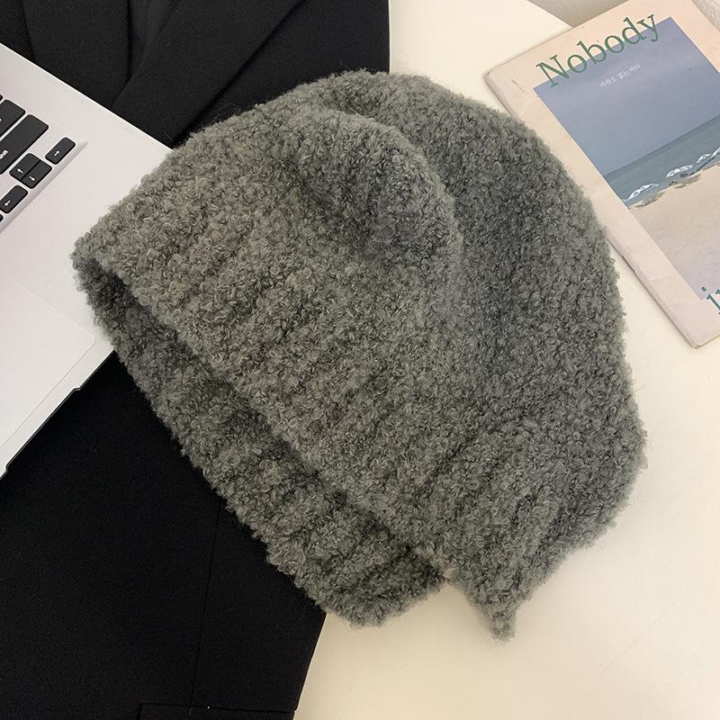 Süße Bärenwollmütze Damen Herbst und Winter Großer Kopfumfang Warme Ohrenschützer Mütze Vielseitige Gesichtsverkleinerung Kopf Gestrickte Mütze Trend