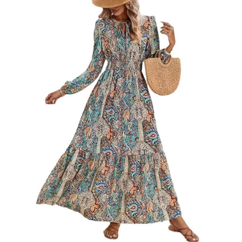 Fall Floral Dress Women's Printed V-neck Dress