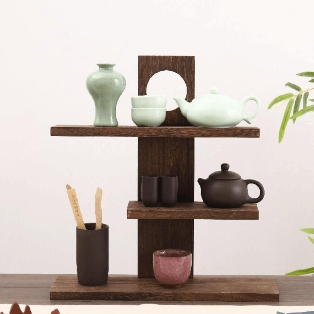 3-4 Layers Tea Cup Display Shelf Retro Design Wooden Tea Set Rack Bedroom Organization