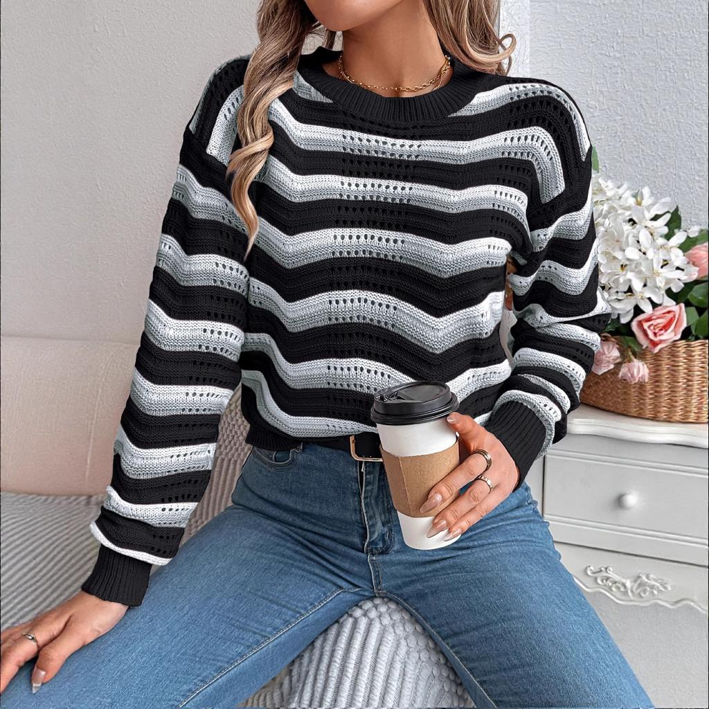 Women's Autumn and Winter Casual Hollowed-out Color-blocked Striped Lantern Long-sleeved Pullover Sweater