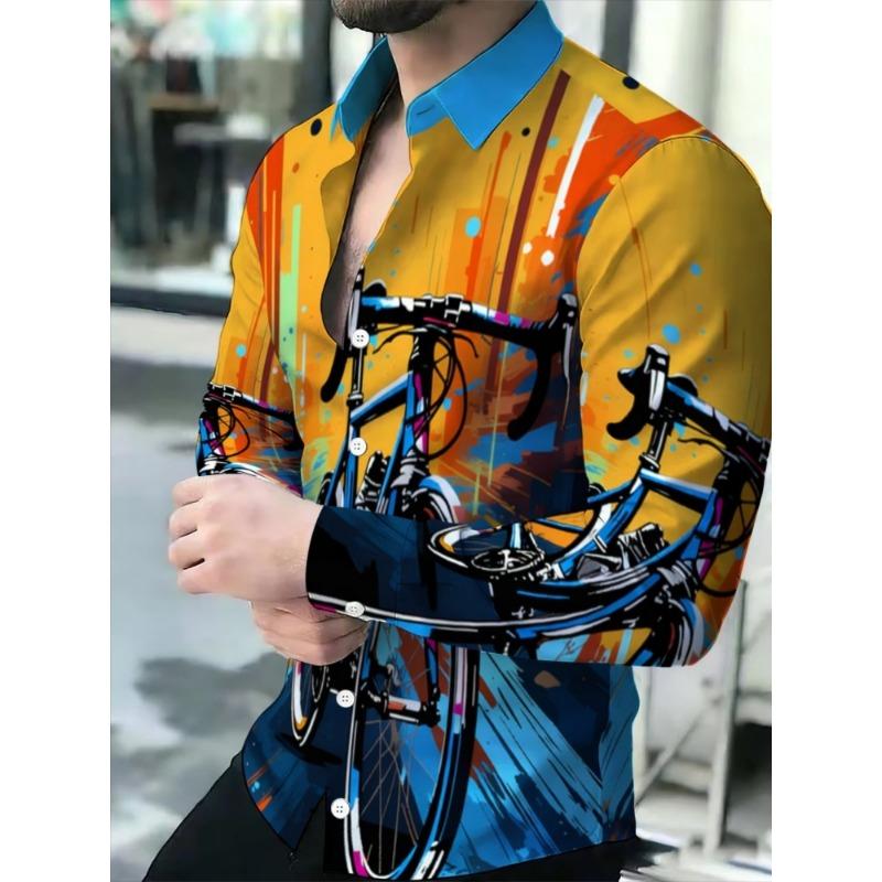 Men's Ethnic Diamond Totem Printed Long Sleeved Shirt, Slim Fit Lapel Shirt, Holiday Street Casual Men's Top