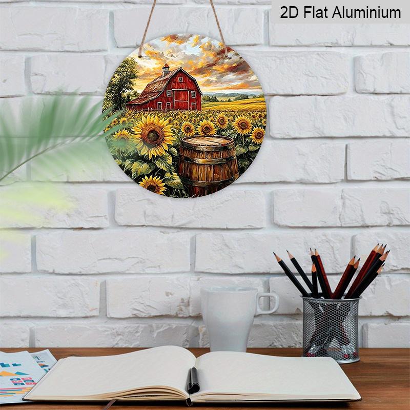 2D Flat, 1pc Classic Metal Aluminum Sign, Featuring Red Barn And Sunflowers In A Field, Round Wall Art for Front Door, Porch, Yard, Patio, Garden