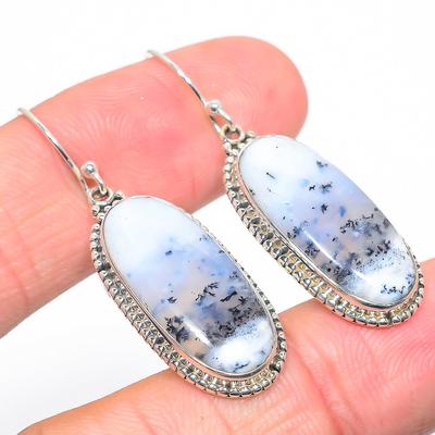 Natural Dendrite Opal Gemstone 925 Solid Sterling Silver Gift Earring 1.75" W4H32