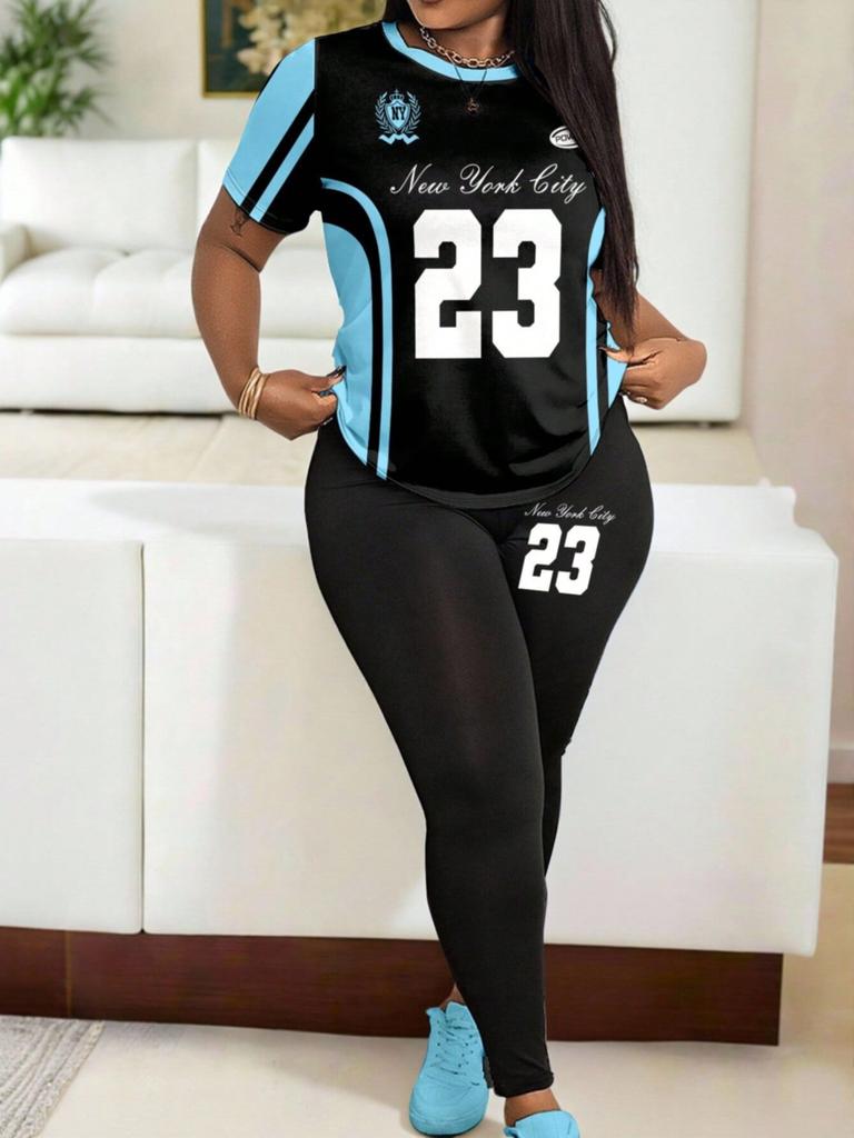Color-block Casual Daily Two-piece Short-sleeved Long-pants Set for Women