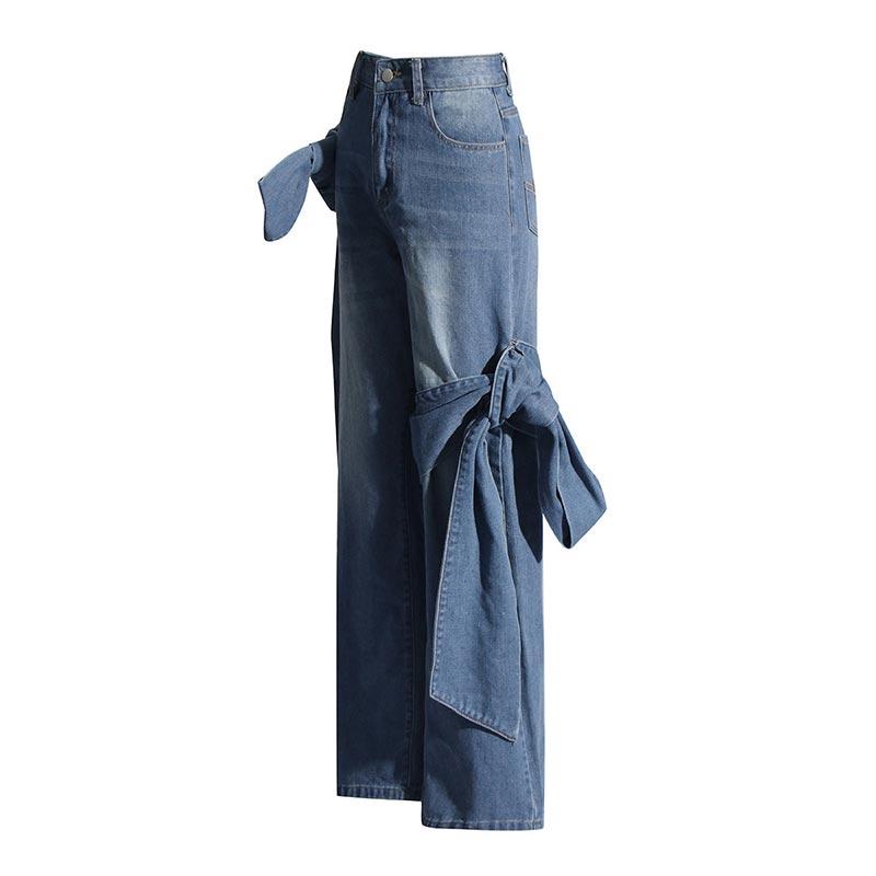 Women's Jeans Spring Autumn Latest Washed and Distressed Patchwork Bow Wide Leg Pants with High Waist and Slimming Design