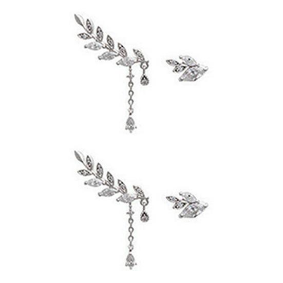 Ear Studs Asymmetric Anti-rust Women Leaf Rhinestone Tassel Earrings for Wedding
