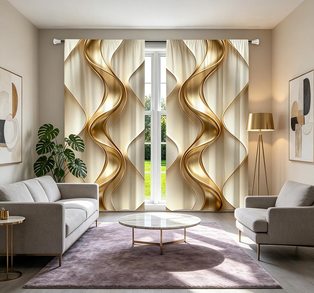 2PCS Digital Printed Curtains, Golden Wave