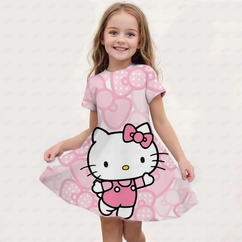 New Summer Girls Dress Fashion Cartoon Cute Cinnamoroll &Hello Kitty 3D Printing Dress Kid Short Sleeve Princess Clothing