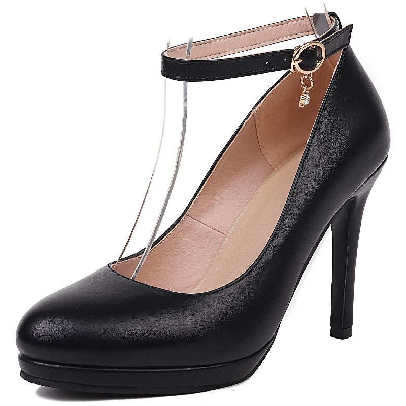 Ankle Straps High Heels Pumps Shoes Woman Elegant Round Toe Black White Heeled Office Dress Pumps Wedding Shoes Bridal Ladies