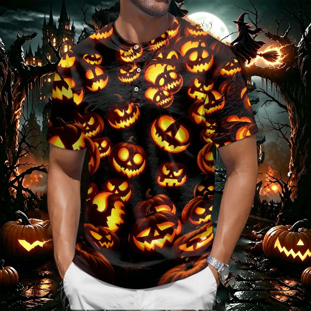 Men's Halloween Print Short Sleeve Henley Shirt Casual Round Neck Button Up Top for Seasonal Wear