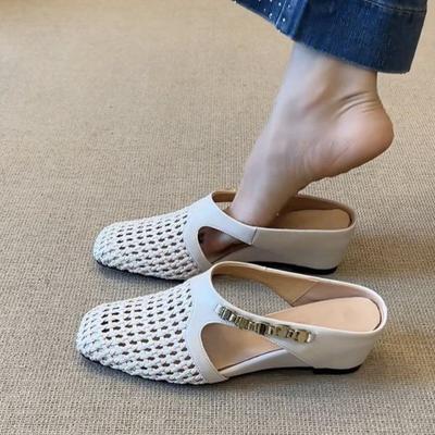 Sheepskin Version Inner Height Increase 7CM Woven Hollow Bag Head Half Slippers Outer Wear Breathable Skirt Platform Sandals Women