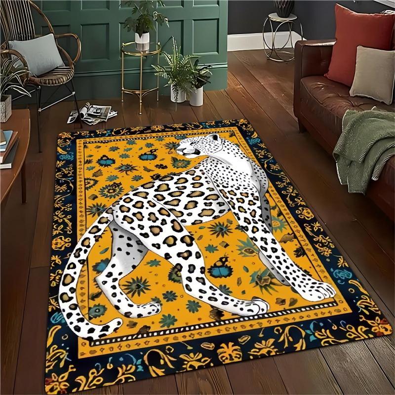 

Chic White Leopard & Yellow Base Area Mat - Non-Slip, Stain &, Perfect for Living Room, Bedroom, Office Decor 50x80cm