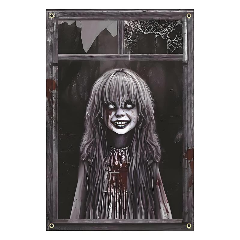 1Pcs Halloween Window Silhouette Decora Halloween Boy Girl Scary Banner Blood Ghost Window Cover Horror Theme Window Poster 2025