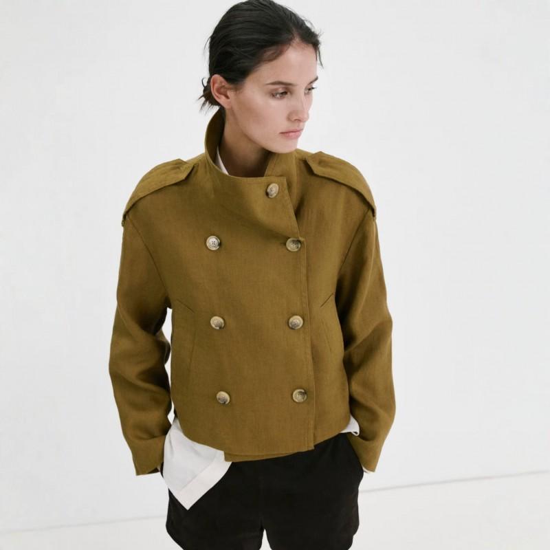 Damen Kurzmantel mit Stehkragen Doppelreihig Lockerer Schnitt Jacke mit Schulterklappen Olivgrün Beige
